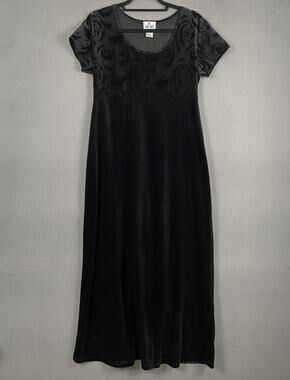 JALATE Dress Womens M Black Velvet A-Line Maxi Scoop Neck Short Sleeve Vintage